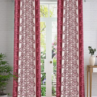 Cortina Maroon Leaf Design Eyelet Curtains – Stylish 5 Feet Window Panels