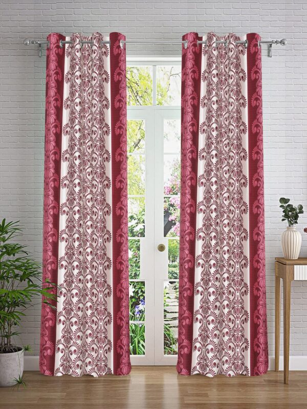 Cortina Maroon Leaf Design Eyelet Curtains - Stylish 5 Feet Window Panels