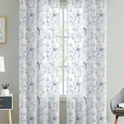 Decorative Blue Bird Printed Cotton Sheer Curtains for Elegant Home Decor