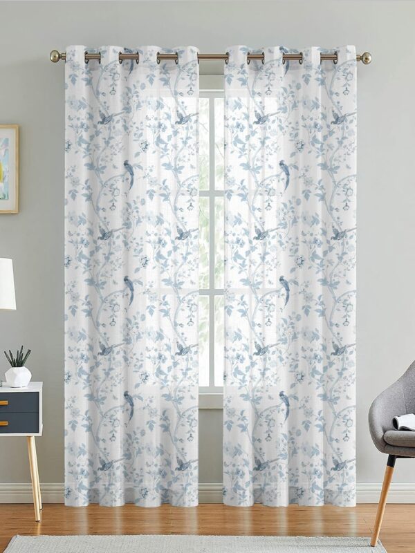 Decorative Blue Bird Printed Cotton Sheer Curtains for Elegant Home Decor