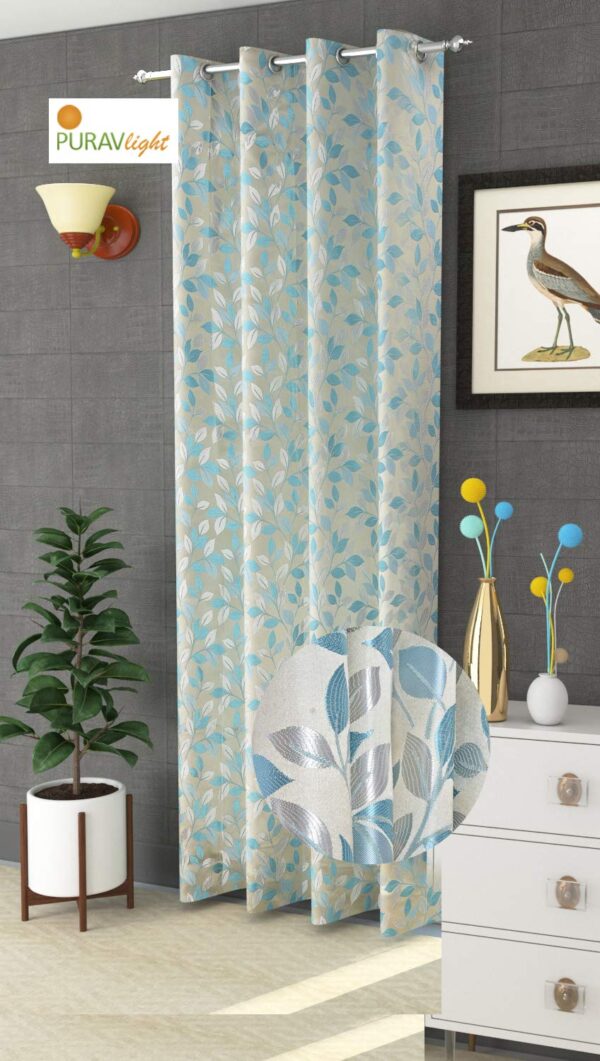 Elegant Aqua Floral Door Curtain - 7 Feet Long, Room Darkening Design