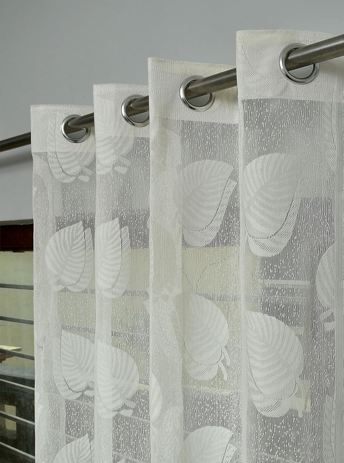 Elegant Cream Net Curtains with Lilac Leaf Design: Perfect for Stylish Doors