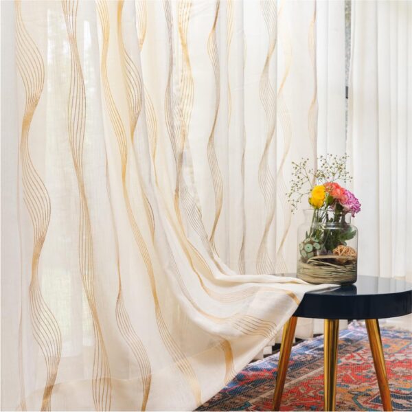 Elegant Gold Foil Sheer Striped Curtains for Living Room - Set of 2