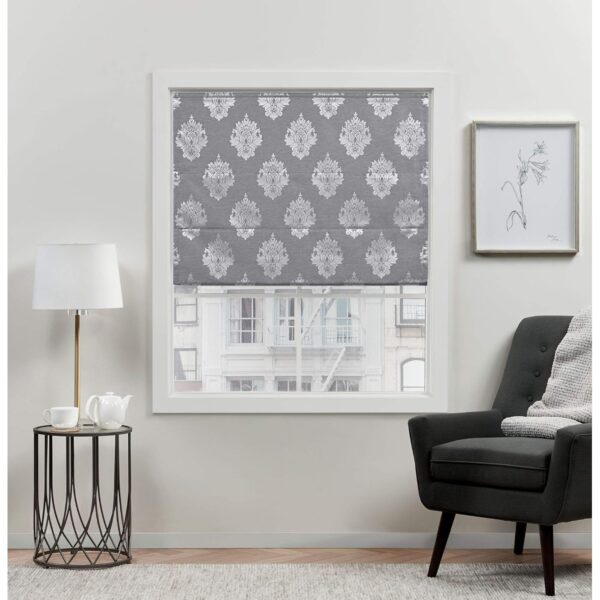 Elegant Grey Blackout Roman Shades: Exclusive Home Curtains Marseilles Damask Style