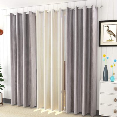 Elegant Grey & Cream 3-Piece Long Door Curtains for 8-Foot Spaces