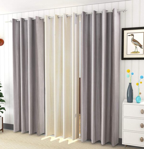 Elegant Grey & Cream 3-Piece Long Door Curtains for 8-Foot Spaces