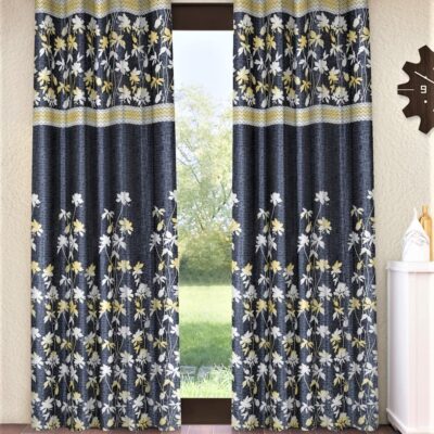 Elegant Grey Eyelet Door Curtains – 2 Piece Flower Border Design for Home