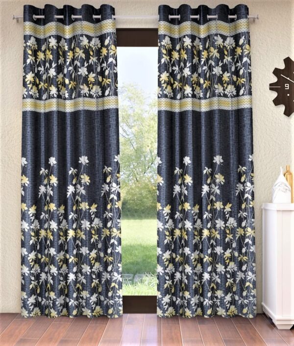 Elegant Grey Eyelet Door Curtains - 2 Piece Flower Border Design for Home