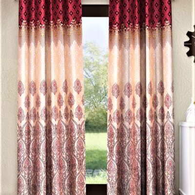 Elegant Maroon Ethnic Motif Eyelet Door Curtain – 7 Feet Polyester Panels