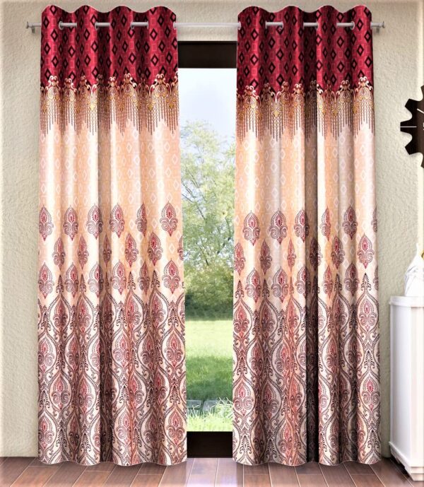 Elegant Maroon Ethnic Motif Eyelet Door Curtain - 7 Feet Polyester Panels