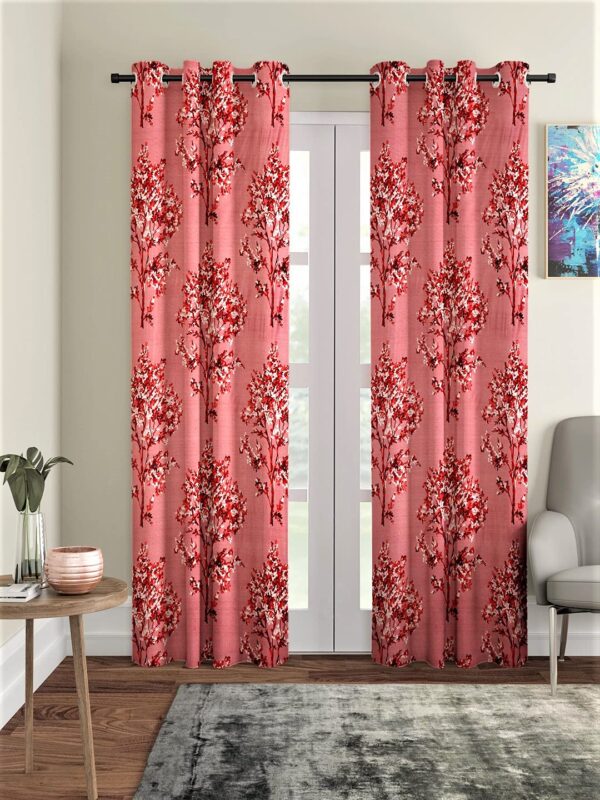 Elegant Maroon Eyelet Polyester Long Door Curtains - 9 Feet Blossoms Design