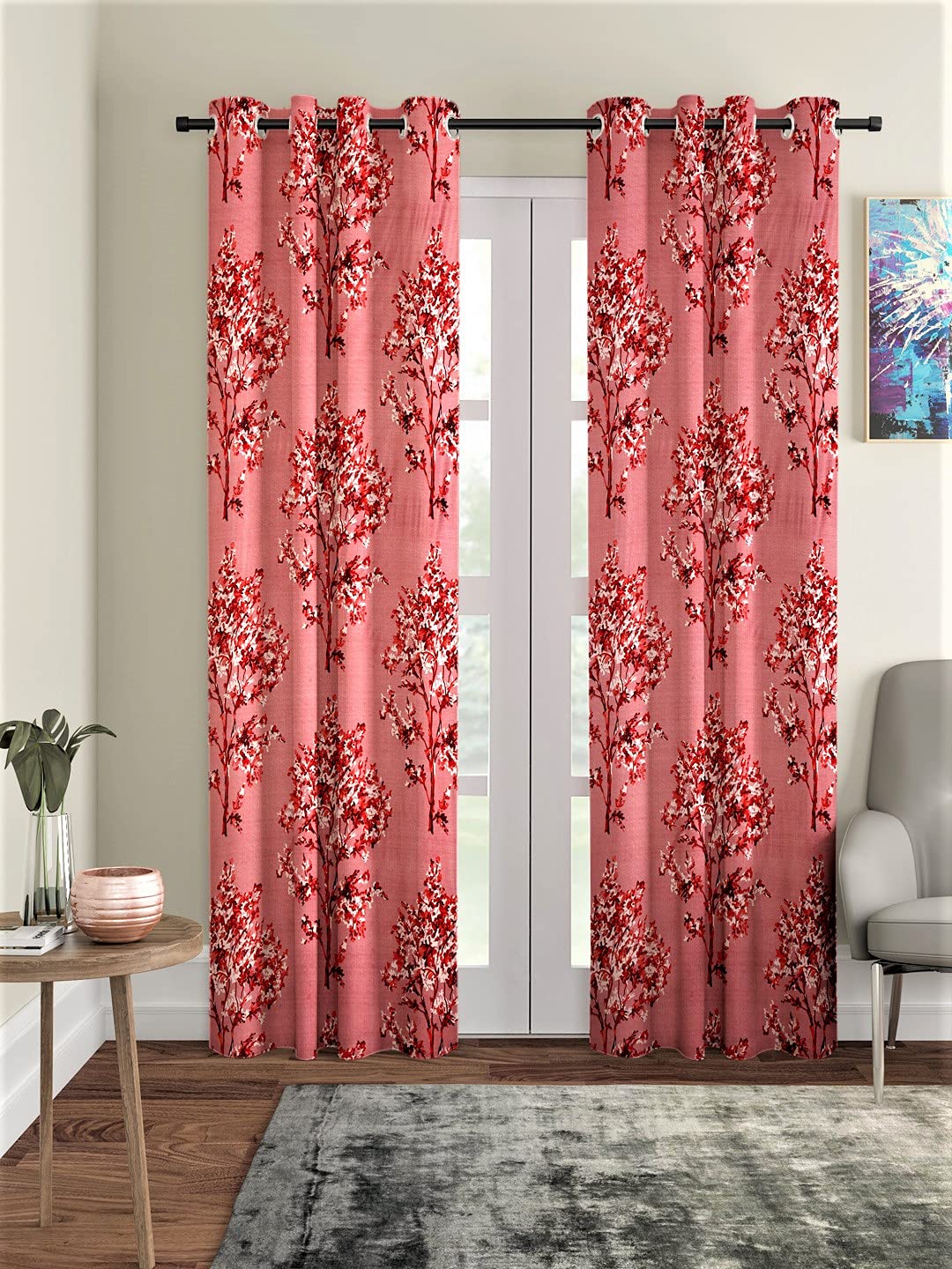 Elegant Maroon Eyelet Polyester Curtains: Enhance Your Space with Blossoms Design