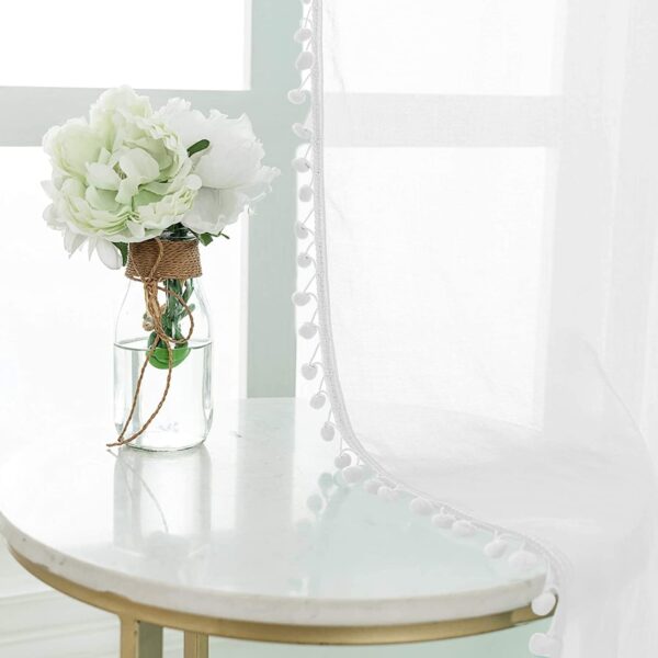 Elegant White Sheer Curtains with Pom Poms for Living Room Doors