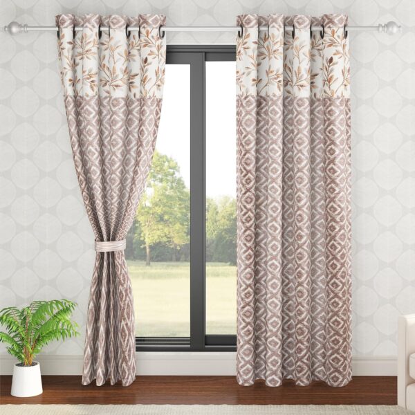 HOKIPO 7-Foot Brown Polyester Printed Curtains with Tieback - Set of 2