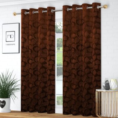 Heavy Velvet Room Darkening Curtains with Leef Emboss Design in Brown