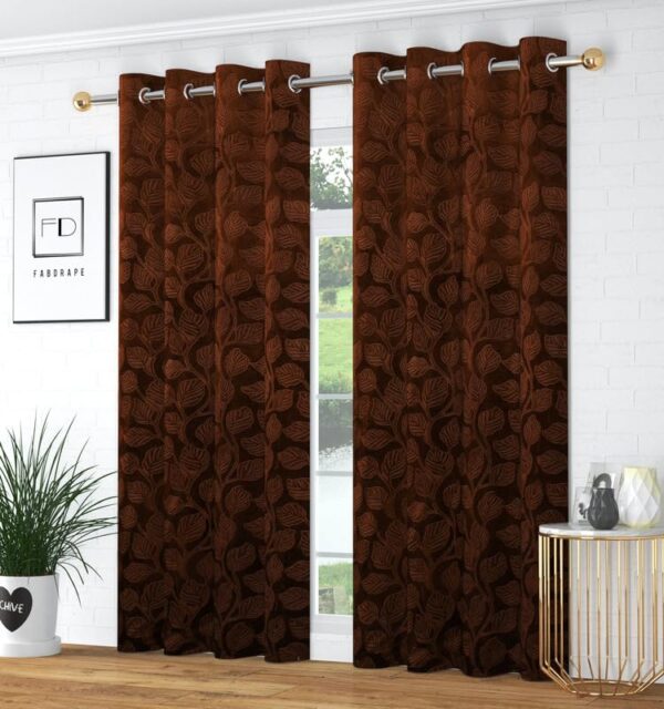 Heavy Velvet Room Darkening Curtains with Leef Emboss Design in Brown