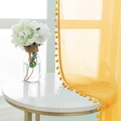 Linen Textured Sheer Curtains for Door – Decorative Yellow Pom Pom Set of 2