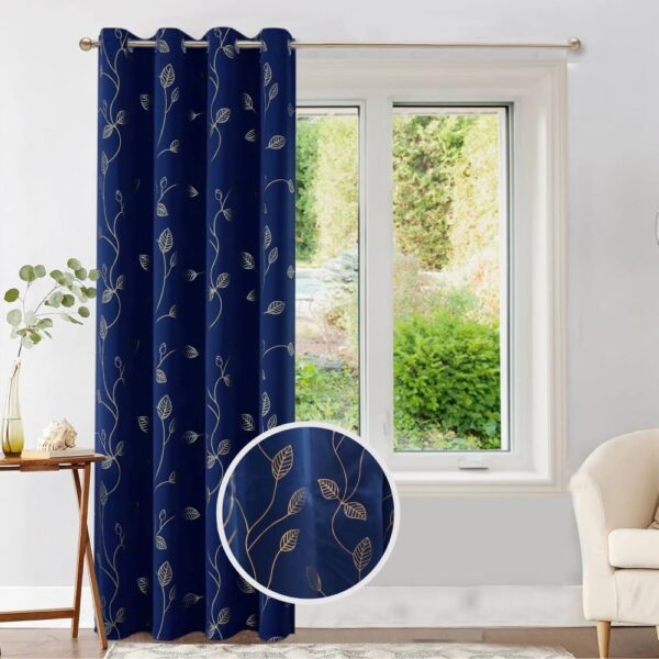 Luxurious Navy Blue Blackout Curtains with Gold Foil for Living Room Decor