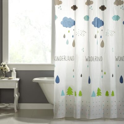 PVC Printed Water-Repellent Shower Curtain with Rain Drops Design – 72×72 Inch