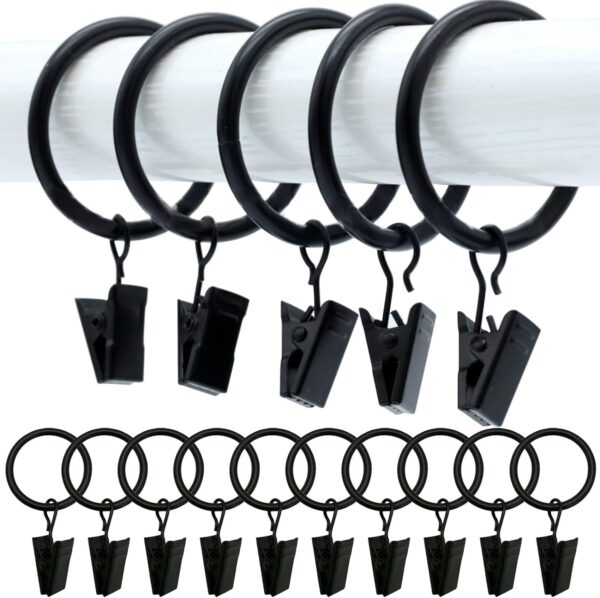 PiyuBind Black Curtain Rings with Clips - Rustproof Decorative Drapery Hangers