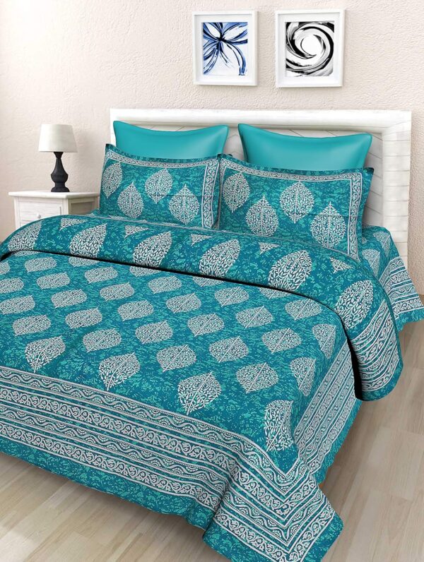 Sea Green Jaipuri Cotton Bedsheet Set with Pillow Covers for Double Bed