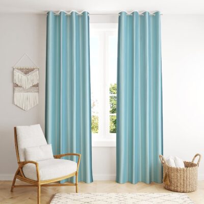 Sky Blue Room Darkening Faux Texture Curtains with Eyelets – 7 Feet Set