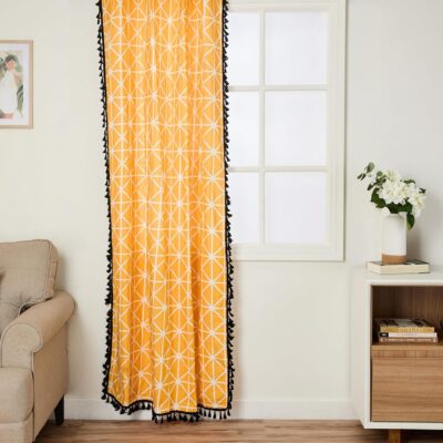 Solimo 100% Cotton Grommet Curtains with Lace – Elegant Yellow Geometric Design