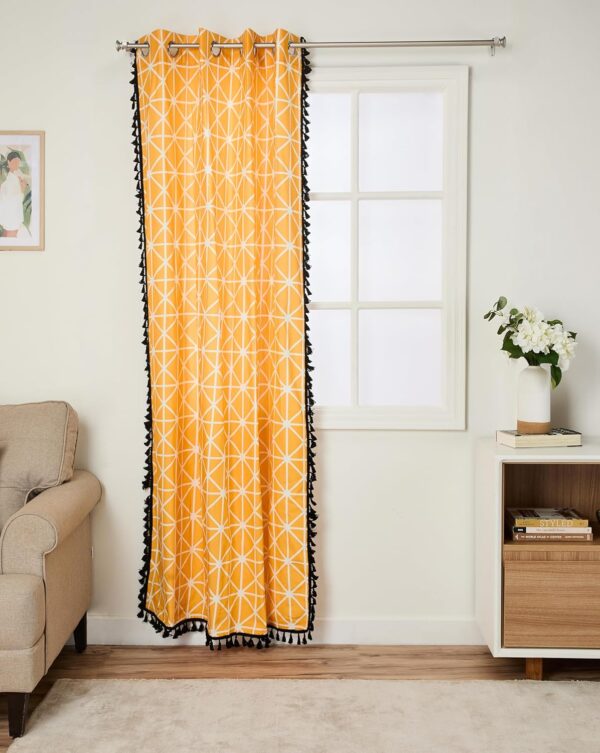 Solimo 100% Cotton Grommet Curtains with Lace - Elegant Yellow Geometric Design