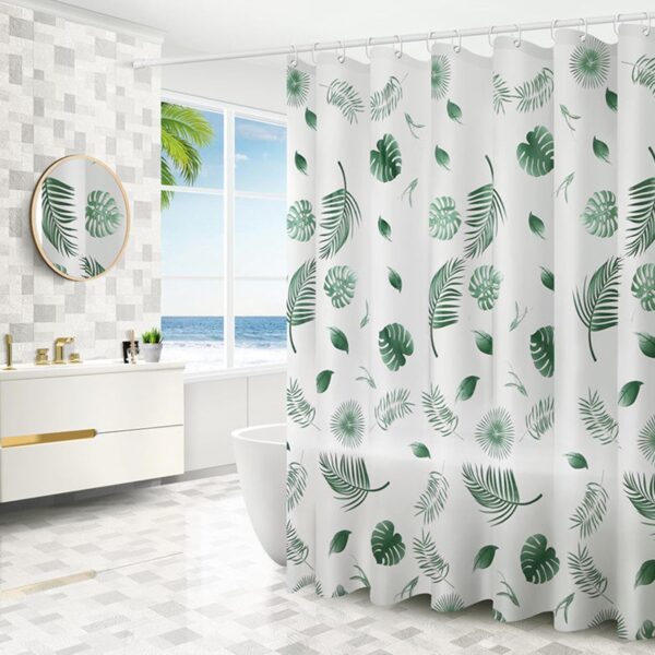 Stylish 7 Feet Green Leaf Shower Curtain with Hooks - Waterproof & Quick Dry