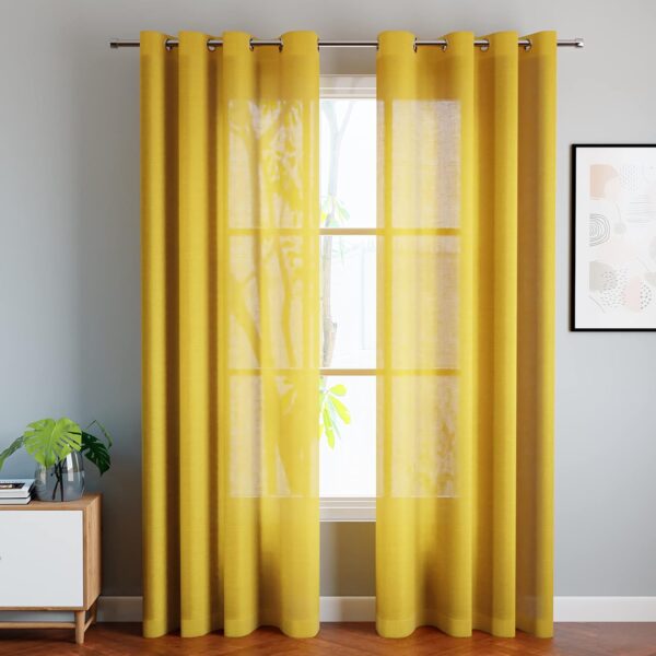 Stylish Mustard Yellow Cotton Linen Sheer Curtains with Eyelet Rings for Doors