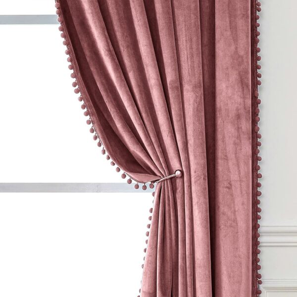 Umi Velvet Blackout Eyelet Door Curtains with Pom Pom Lace in Blush