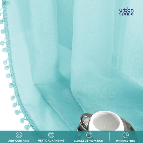 Stylish Door Curtains: Aqua Blue Sheer Curtains with Pom Poms for Living Room - Image 4