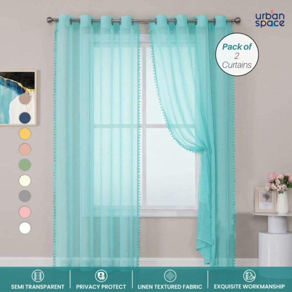 Stylish Door Curtains: Aqua Blue Sheer Curtains with Pom Poms for Living Room - Image 2