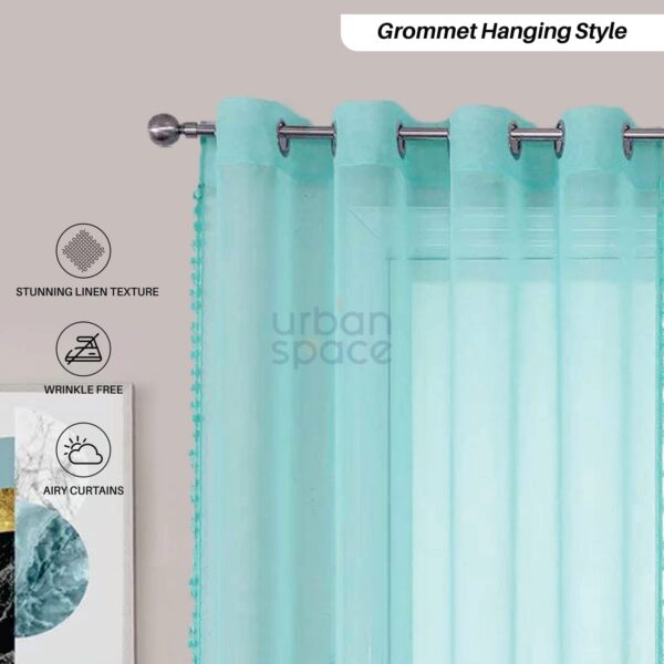 Stylish Door Curtains: Aqua Blue Sheer Curtains with Pom Poms for Living Room - Image 3