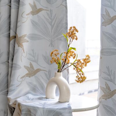 Elegant Window Curtains: 80% Blackout Bird Print Design in Grey Fabric