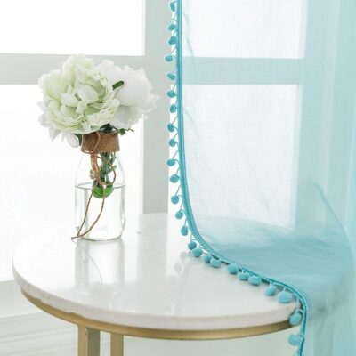 Stylish Door Curtains: Aqua Blue Sheer Curtains with Pom Poms for Living Room