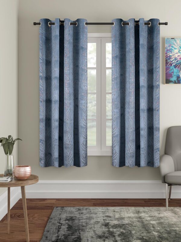 Stylish Grey Window Curtains with Leaf Print - Semi Sheer Grommet Design