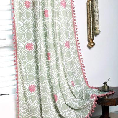 Stylish Window Curtains: 100% Cotton Bohemian Tasseled Design in Mild Green & Pink